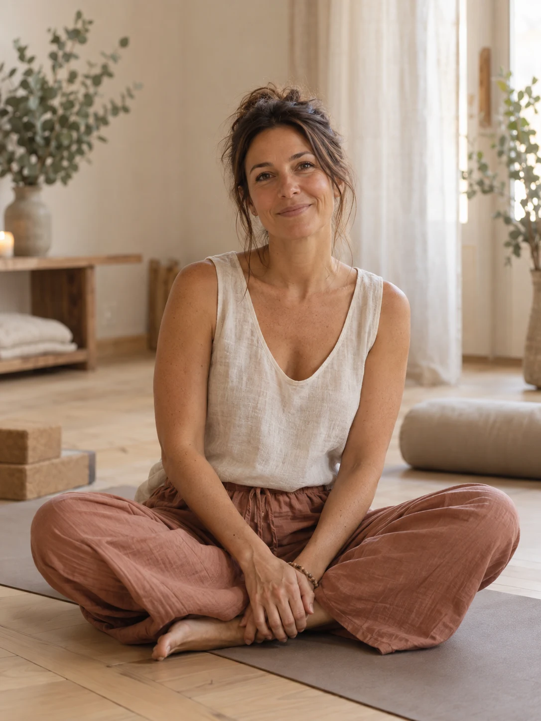 Une enseignante assise paisiblement dans le studio